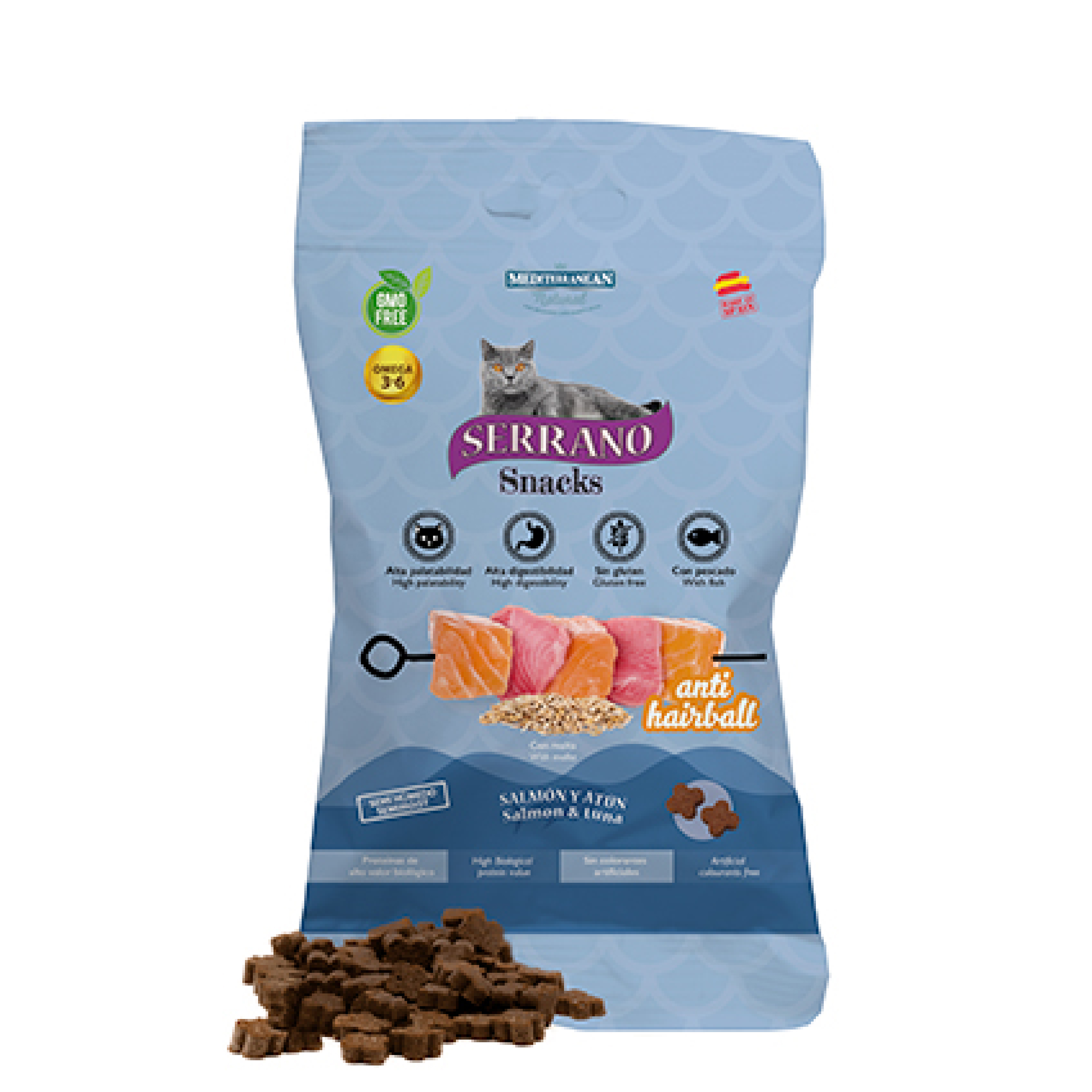 MDT NEW SERRANO SNACKS GATO ANTI HAIRBALL SALMON Y ATUN 50 GR